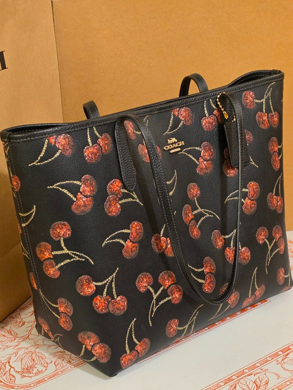 Coach Cherry Print City Tote Black Red Leather with Gold Metallic Accents CCZ18